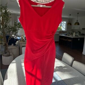 Diane Von Furstenberg Red Ruched V-Neck Cocktail Dress